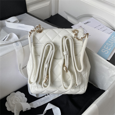 Cha.nel Backpack Grained Calfskin Gold Tone Metal White AS4058