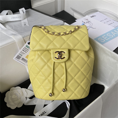 Cha.nel Backpack Grained Calfskin Gold Tone Metal Yellow AS4058