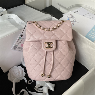 Cha.nel Backpack Grained Calfskin Gold Tone Metal Lt Pink AS4058