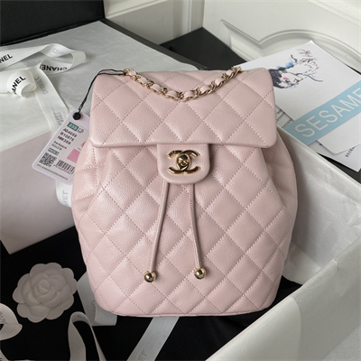 Cha.nel Backpack Grained Calfskin Gold Tone Metal Lt Pink AS4059
