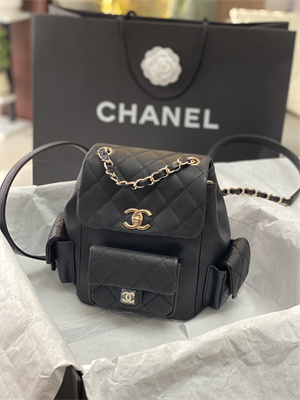 Cha.nel Backpack Grained Calfskin Gold Tone Metal Black AS4398