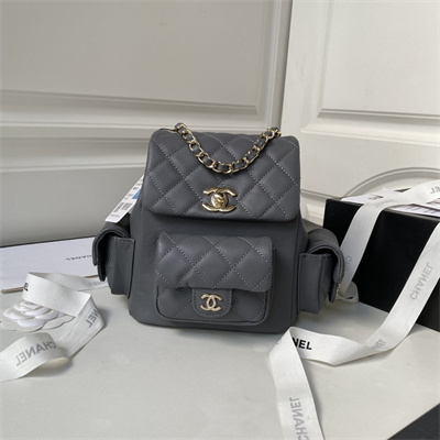 Cha.nel Backpack Grained Calfskin Gold Tone Metal Grey AS4399