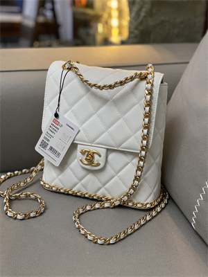 Cha.nel Backpack Grained Calfskin Gold Tone Metal White AS4490