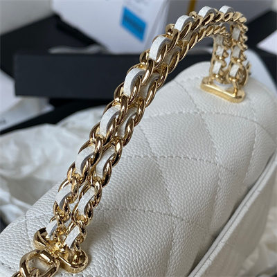 Cha.nel Clutch With Chain Top Handle Grained Calfskin Gold Tone Metal White AP3237