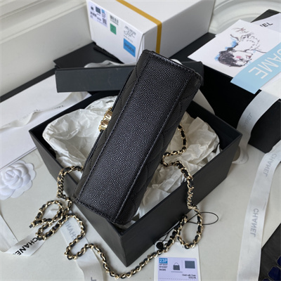 Cha.nel Clutch With Chain Top Handle Grained Calfskin Gold Tone Metal Black AP3237