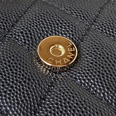 Cha.nel Clutch With Chain Top Handle Grained Calfskin Gold Tone Metal Black AP3238