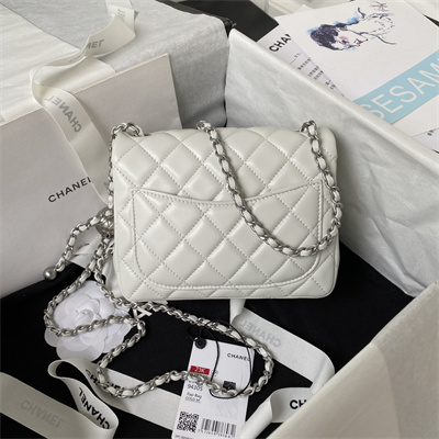 Cha.nel Super Mini Flap Bag Lambskin With  Ball Silver Tone Metal White AS1786