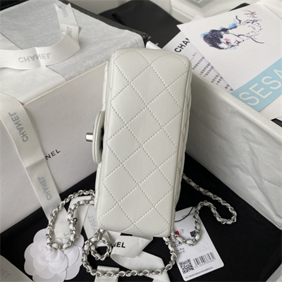 Cha.nel Super Mini Flap Bag Lambskin With  Ball Silver Tone Metal White AS1786