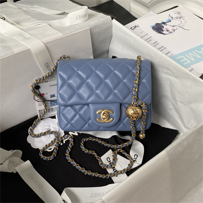 Cha.nel Super Mini Flap Bag Lambskin With Ball Gold Tone Metal Blue AS1786