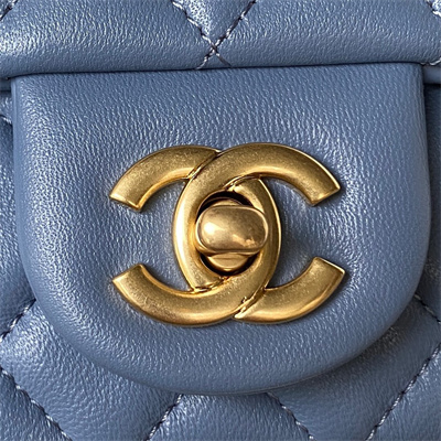 Cha.nel Super Mini Flap Bag Lambskin With Ball Gold Tone Metal Blue AS1786