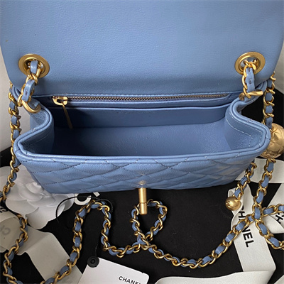 Cha.nel Super Mini Flap Bag Lambskin With Ball Gold Tone Metal Blue AS1786