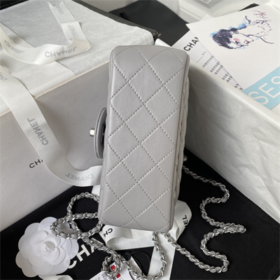 Cha.nel Super Mini Flap Bag Lambskin With Ball Silver Tone Metal Grey AS1786