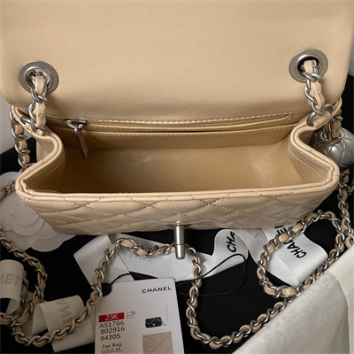 Cha.nel Super Mini Flap Bag Lambskin With Ball Silver Tone Metal Beige AS1786