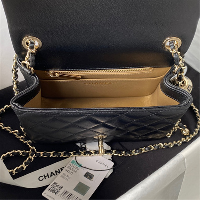 Cha.nel Super Mini Flap Bag Lambskin Football Gold Tone Metal Black AS1786