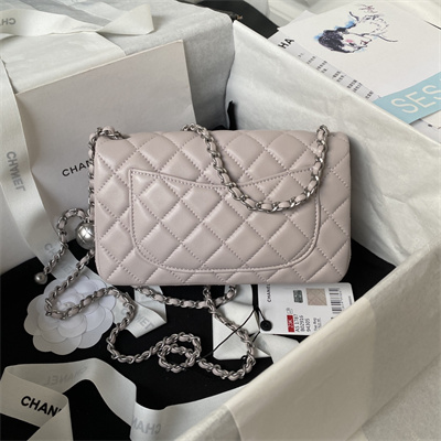 Cha.nel Mini Flap Bag Lambskin With Ball Silver Tone Metal Nude AS1787
