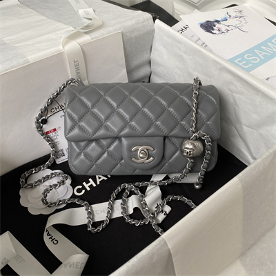 Cha.nel Mini Flap Bag Lambskin With Ball Silver Tone Metal Dark Grey AS1787