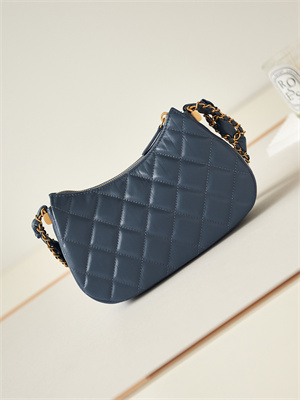 Cha.nel Mini Hobo Bag Aged Calfskin Gold Tone Metal Navy AS3647