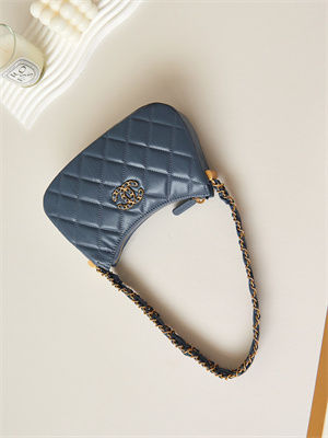 Cha.nel Mini Hobo Bag Aged Calfskin Gold Tone Metal Navy AS3647