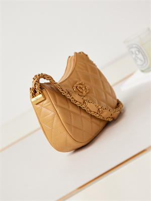 Cha.nel Mini Hobo Bag Aged Calfskin Gold Tone Metal Brown AS3647