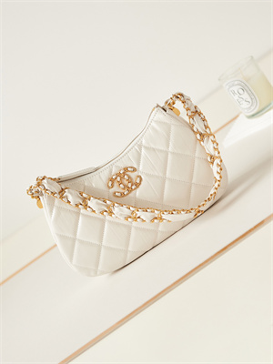 Cha.nel Hobo Bag Aged Calfskin Gold Tone Metal White AS4422