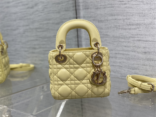 CD Micro Lady Di.or Bag Cannage Lambskin Gold Tone Metal Yellow