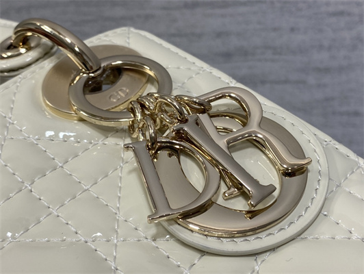 CD Mini Lady Di.or Bag Patent Cannage Calfskin  Gold Tone Metal White