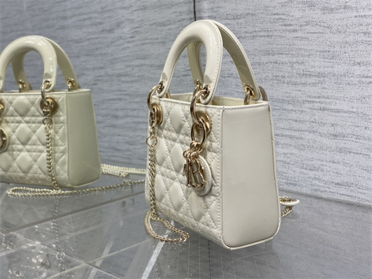 CD Mini Lady Di.or Bag Patent Cannage Calfskin  Gold Tone Metal White