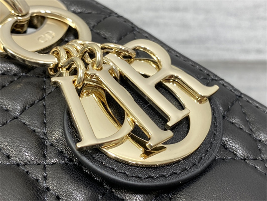 CD Mini Lady Di.or Bag Cannage Lambskin Gold Tone Metal Black