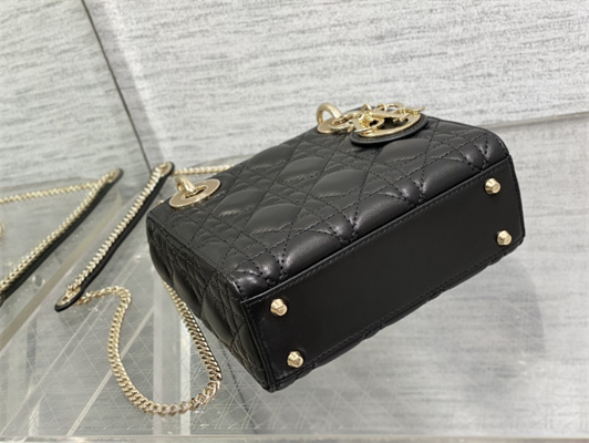 CD Mini Lady Di.or Bag Cannage Lambskin Gold Tone Metal Black