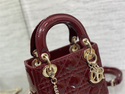 CD Mini Lady Di.or Bag Patent Cannage Calfskin Gold Tone Metal Burgundy