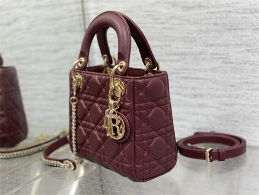 CD Mini Lady Di.or Bag Cannage Lambskin Gold Tone Metal Burgundy
