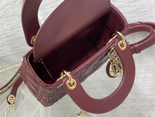 CD Mini Lady Di.or Bag Cannage Lambskin Gold Tone Metal Burgundy