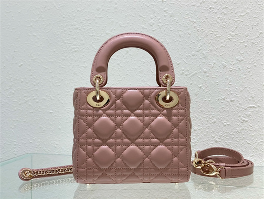 CD Mini Lady Di.or Bag Cannage Lambskin Gold Tone Metal Dusty Pink