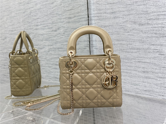 CD Mini Lady Di.or Bag Cannage Grained Calfskin Gold Tone Metal Beige