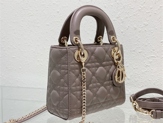 CD Mini Lady Di.or Bag Cannage Lambskin Gold Tone Metal Warm Taupe