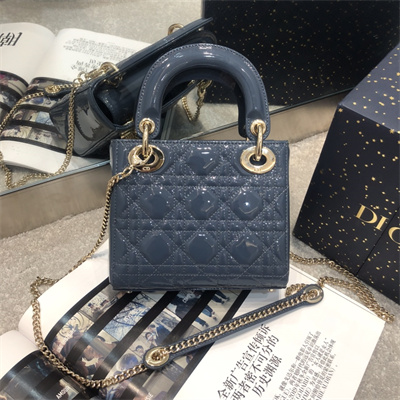 CD Mini Lady Di.or Bag Patent Cannage Calfskin Gold Tone Metal Dk Blue