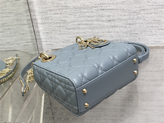 CD Mini Lady Di.or Bag Cannage Lambskin Gold Tone Metal Cloud Blue