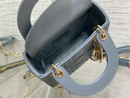 CD Mini Lady Di.or Bag Cannage Lambskin Gold Tone Metal Cloud Blue