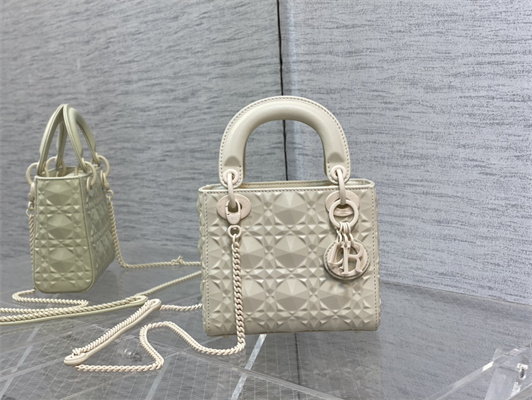 CD Mini Lady Di.or Bag Cannage Calfskin With Diamond Motif  White
