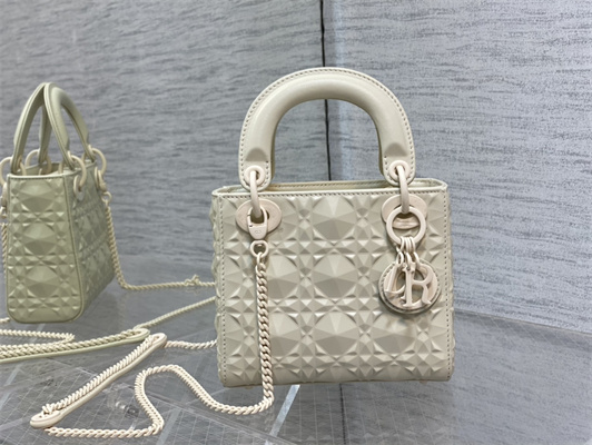 CD Mini Lady Di.or Bag Cannage Calfskin With Diamond Motif  White