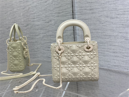 CD Mini Lady Di.or Bag Cannage Calfskin With Diamond Motif  White
