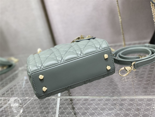 CD Mini Lady Di.or Bag Cannage Lambskin Enamel Charms Gold Tone Metal Stone Gray