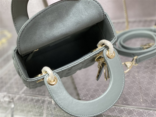 CD Mini Lady Di.or Bag Cannage Lambskin Enamel Charms Gold Tone Metal Stone Gray