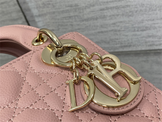 CD Mini Lady Di.or Bag Cannage Grained Calfskin Gold Tone Metal Pink