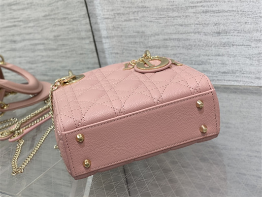 CD Mini Lady Di.or Bag Cannage Grained Calfskin Gold Tone Metal Pink