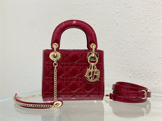 CD Mini Lady Di.or Bag Patent Cannage Calfskin Gold Tone Metal Cherry Red