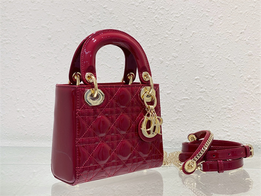 CD Mini Lady Di.or Bag Patent Cannage Calfskin Gold Tone Metal Cherry Red