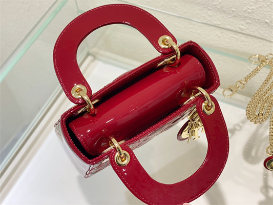 CD Mini Lady Di.or Bag Patent Cannage Calfskin Gold Tone Metal Cherry Red