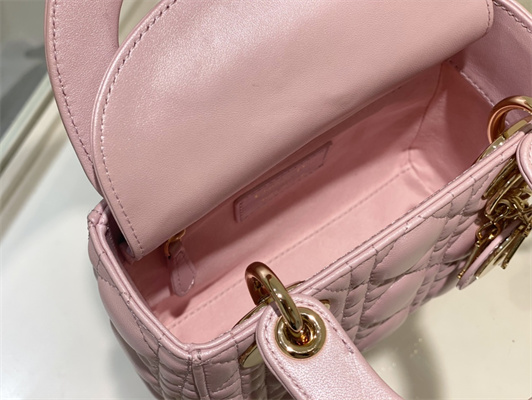 CD Mini Lady Di.or Bag Cannage Lambskin Gold Tone Metal Pearlescent Melocoton Pink