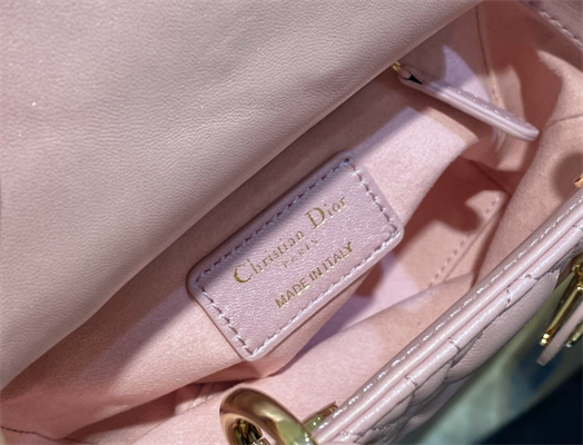 CD Mini Lady Di.or Bag Cannage Lambskin Gold Tone Metal Pearlescent Melocoton Pink